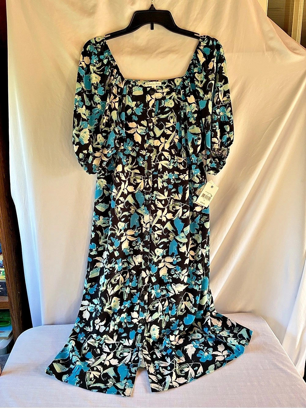 Ophelia Roe Button Midi Dress Floral Black & Blue XL NWT